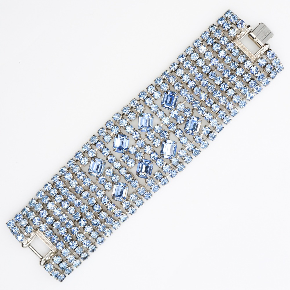 Vintage Blue Rhinestone Wide Cuff Bracelet Emerald Cut Glass 1950s